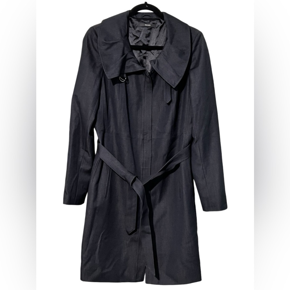 Tahari long trench‎ coat jacket zip up belted round neck navy size medium